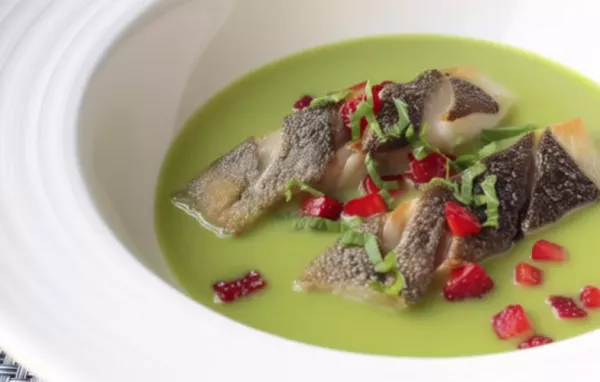 Delicious and refreshing spring pea green curry paired with tender black cod and juicy strawberry slices.