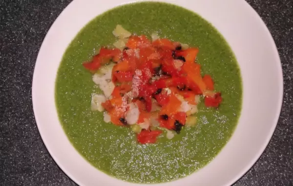 Puree of Green Things Soup With Quinoa and Pepper Relish