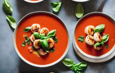 Chilled Tomato Soup with Seared Scallops, Avocado and Ripped Basil
