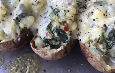 Creamy and delicious twice baked potatoes filled with a cheesy, spinach artichoke dip