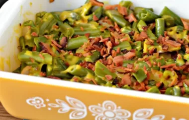 Delicious and creamy cheesy green beans with crispy bacon