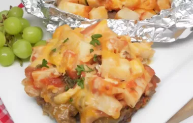 Delicious and easy-to-make grilled taco burgers with cheesy potatoes cooked in foil packets.
