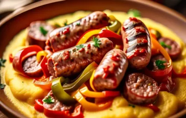 Delicious and hearty sausage and peppers dish served over creamy parmesan polenta