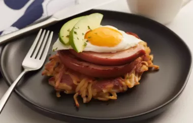 Delicious Breakfast Recipe: Bacon Potato Cakes with Ham Steak, Egg, and Sliced Avocado