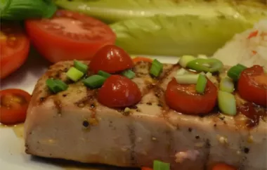 Juicy grilled tuna steaks with a zesty fresh horseradish topping