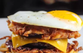 Delicious and hearty latkes breakfast sandwiches with a unique blackberry yogurt spread.